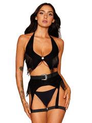 Load image into Gallery viewer, Dreamgirl Western-Themed Faux-Leather Bralette and Garter Belt Bedroom Costume Set with Fringe Details