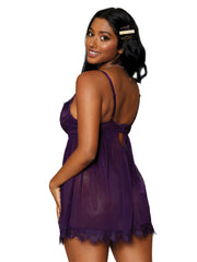 Load image into Gallery viewer, Dreamgirl Eyelash Lace & Stretch Mesh Babydoll Set with Strappy Rhinestone Neckline