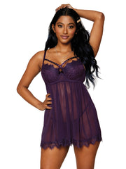 Load image into Gallery viewer, Dreamgirl Eyelash Lace & Stretch Mesh Babydoll Set with Strappy Rhinestone Neckline
