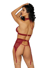 Load image into Gallery viewer, Dreamgirl Fishnet & Lace 4-Piece Halter Bralette & Garter Belt Set with Stretch Velvet Trim Accents Lingerie Set - Nastassy
