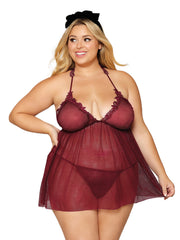 Load image into Gallery viewer, Dreamgirl Novelty stretch mesh and delicate venise embroidery babydoll and matching G-string set LINGERIE BABYDOLL - Nastassy