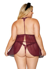 Load image into Gallery viewer, Dreamgirl Novelty stretch mesh and delicate venise embroidery babydoll and matching G-string set LINGERIE BABYDOLL - Nastassy