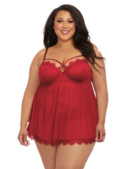 Load image into Gallery viewer, Dreamgirl Plus Size Eyelash Lace & Stretch Mesh Babydoll Set with Strappy Rhinestone Neckline Babydoll - Nastassy