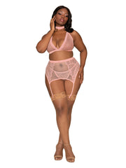 Load image into Gallery viewer, Dreamgirl Plus Size Fishnet & Lace 4-Piece Halter Bralette & Garter Belt Set with Stretch Velvet Trim Accents Lingerie Set - Nastassy