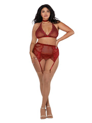 Load image into Gallery viewer, Dreamgirl Plus Size Fishnet & Lace 4-Piece Halter Bralette & Garter Belt Set with Stretch Velvet Trim Accents Lingerie Set - Nastassy