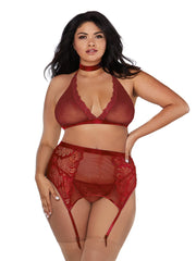 Load image into Gallery viewer, Dreamgirl Plus Size Fishnet & Lace 4-Piece Halter Bralette & Garter Belt Set with Stretch Velvet Trim Accents Lingerie Set - Nastassy