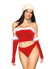 Load image into Gallery viewer, Stretch Velvet and Marabou Feather Trim Santa Bustier, Thong, and Gloves Set