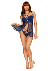 Load image into Gallery viewer, Dreamgirl Fishnet &amp; Lace Fly-A-Way Front Babydoll Set with Plunge Bra Neckline &amp; Matching Thong Babydoll - Nastassy