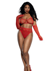 Load image into Gallery viewer, Dreamgirl Plus Red Lace Bralette Panty and Gloves Set Lingerie - Nastassy