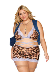 Load image into Gallery viewer, Dreamgirl Plus Size Leopard Printed Mesh with Contrast Scalloped Lace Bralette, Garter Skirt, and G-string Set Bralette set - Nastassy