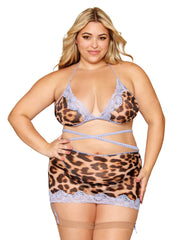 Load image into Gallery viewer, Dreamgirl Plus Size Leopard Printed Mesh with Contrast Scalloped Lace Bralette, Garter Skirt, and G-string Set Bralette set - Nastassy