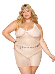 Load image into Gallery viewer, Dreamgirl Plus Size Rhinestone Embellished Fishnet Chemise witth Eyelash Lace Trim Chemise - Nastassy