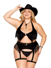 Load image into Gallery viewer, Dreamgirl Plus Size Western-Themed Faux-Leather Bralette and Garter Belt Bedroom Costume Set with Fringe Details Garter Set - Nastassy