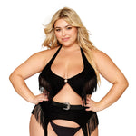 Load image into Gallery viewer, Dreamgirl Plus Size Western-Themed Faux-Leather Bralette and Garter Belt Bedroom Costume Set with Fringe Details Garter Set - Nastassy

