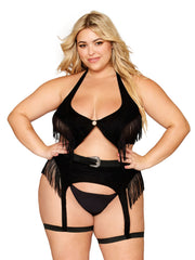 Load image into Gallery viewer, Dreamgirl Plus Size Western-Themed Faux-Leather Bralette and Garter Belt Bedroom Costume Set with Fringe Details Garter Set - Nastassy