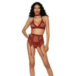 Load image into Gallery viewer, Dreamgirl Fishnet &amp; Lace 4-Piece Halter Bralette &amp; Garter Belt Set with Stretch Velvet Trim Accents Lingerie Set - Nastassy
