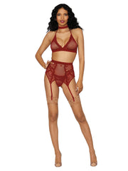 Load image into Gallery viewer, Dreamgirl Fishnet &amp; Lace 4-Piece Halter Bralette &amp; Garter Belt Set with Stretch Velvet Trim Accents Lingerie Set - Nastassy