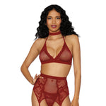 Load image into Gallery viewer, Dreamgirl Fishnet &amp; Lace 4-Piece Halter Bralette &amp; Garter Belt Set with Stretch Velvet Trim Accents Lingerie Set - Nastassy
