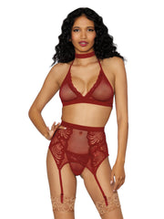 Load image into Gallery viewer, Dreamgirl Fishnet &amp; Lace 4-Piece Halter Bralette &amp; Garter Belt Set with Stretch Velvet Trim Accents Lingerie Set - Nastassy