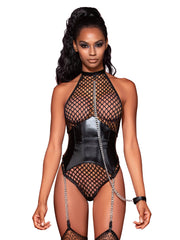 Load image into Gallery viewer, Dreamgirl Large Fishnet Corset-Style Halter Teddy with Attached Collar &amp; Chain Leash Accent Teddy - Nastassy