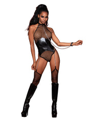 Load image into Gallery viewer, Dreamgirl Large Fishnet Corset-Style Halter Teddy with Attached Collar &amp; Chain Leash Accent Teddy - Nastassy