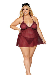 Load image into Gallery viewer, Dreamgirl Novelty stretch mesh and delicate venise embroidery babydoll and matching G-string set LINGERIE BABYDOLL - Nastassy