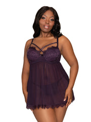 Load image into Gallery viewer, Dreamgirl Plus Size Eyelash Lace &amp; Stretch Mesh Babydoll Set with Strappy Rhinestone Neckline Babydoll - Nastassy