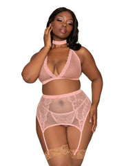 Load image into Gallery viewer, Dreamgirl Plus Size Fishnet &amp; Lace 4-Piece Halter Bralette &amp; Garter Belt Set with Stretch Velvet Trim Accents Lingerie Set - Nastassy