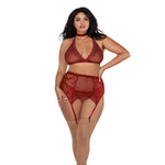 Load image into Gallery viewer, Dreamgirl Plus Size Fishnet &amp; Lace 4-Piece Halter Bralette &amp; Garter Belt Set with Stretch Velvet Trim Accents Lingerie Set - Nastassy
