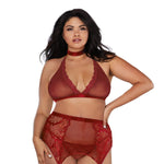 Load image into Gallery viewer, Dreamgirl Plus Size Fishnet &amp; Lace 4-Piece Halter Bralette &amp; Garter Belt Set with Stretch Velvet Trim Accents Lingerie Set - Nastassy
